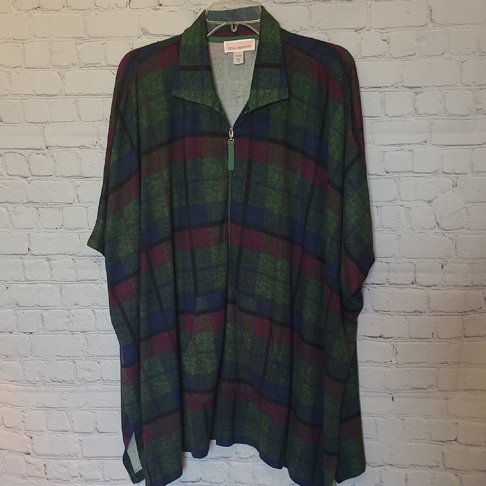 Stan Herman Size XS Oversized Green Blue Plaid Half Zip Lounge Poncho Sweater